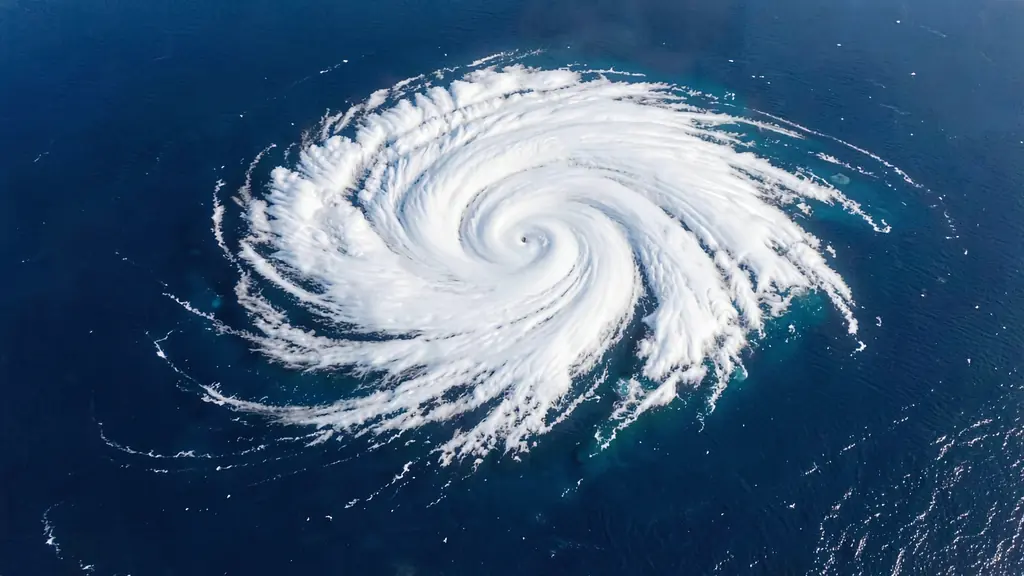 A spiral storm system over open ocean, seen from directly above